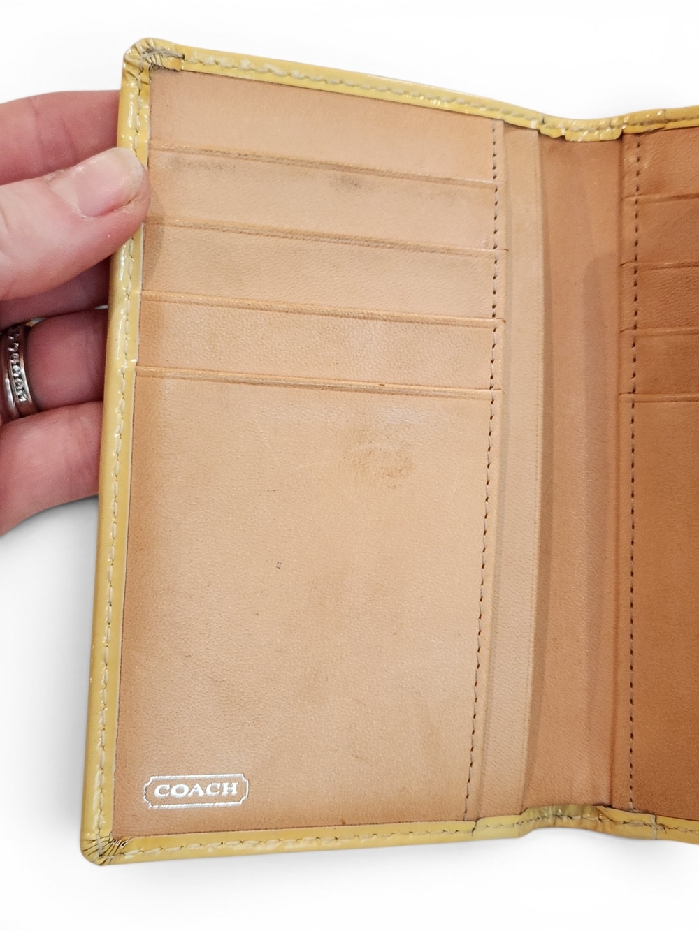 Coach Soft White and Mustard Yellow Leather Trifold Wallet With Coin Zipper - Picture 5 of 9